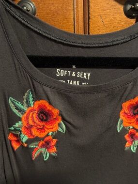 American Eagle Black Tank with Red Floral Embroidery